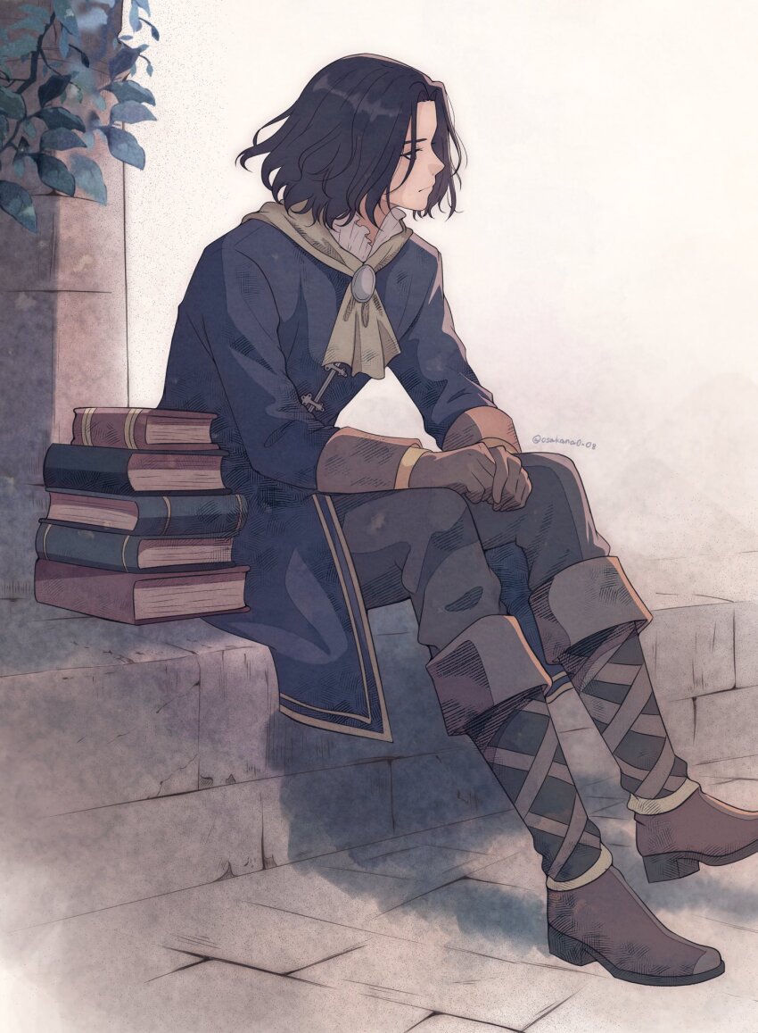 1boy, ascot, black_hair, book, book_stack, boots, brown_boots, brown_gloves