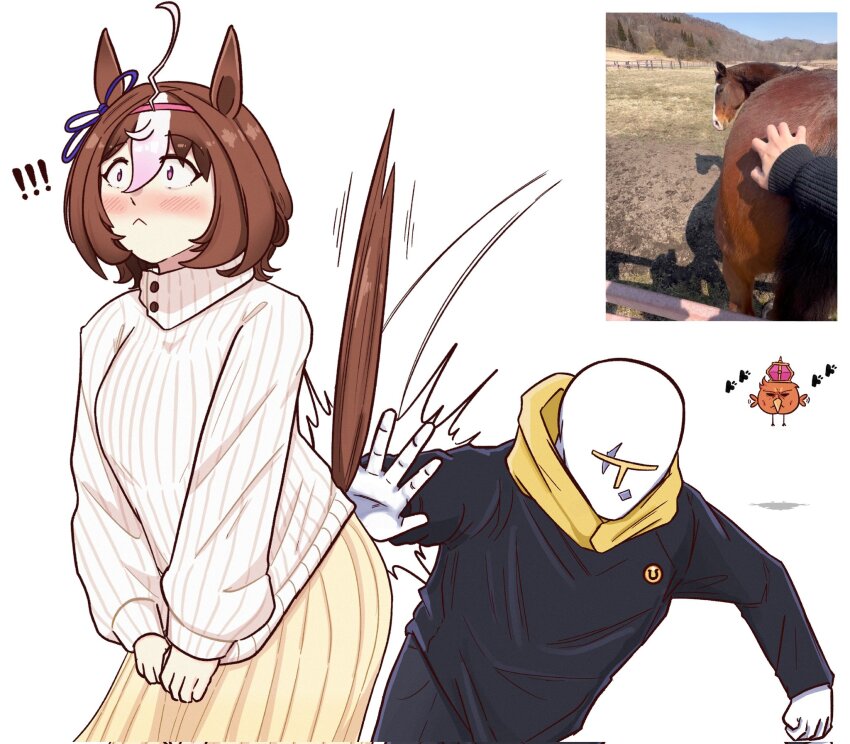 !, !!, 1boy, 1girl, :<, animal_ears, bent_over, black_hoodie, black_tail, blush, breasts, brown_fur, brown_hair, embarrassed, highres, hood, hoodie, horse, horse_ears, horse_girl, johnholl0w, looking_at_viewer, looking_back, medium_breasts, medium_hair, meisho_doto_(racehorse), meisho_doto_(umamusume), outdoors, scratching_ass, skirt, spanked, sweater, t-head_trainer_(umamusume), trainer_(umamusume), turtleneck, turtleneck_sweater, umamusume, yellow_skirt