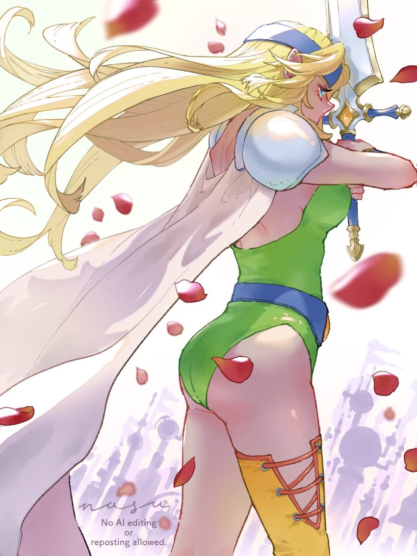 1girl, aqua_eyes, armor, artist_name, belt, blonde_hair, blue_belt, blue_headband