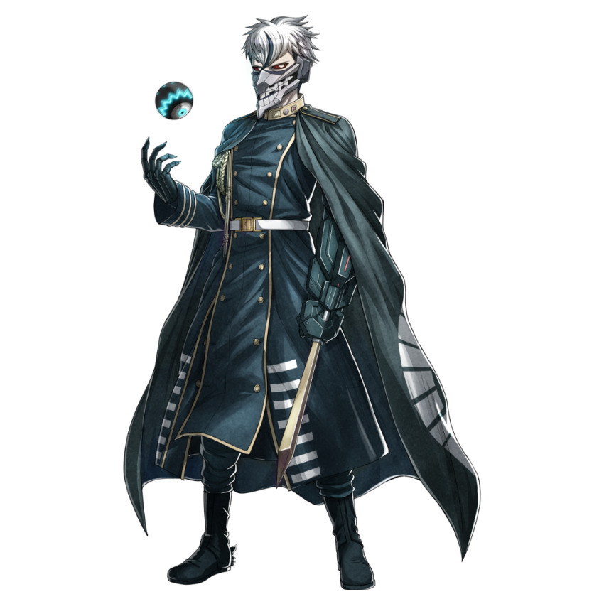 1boy, ball, cape, coat, colored_sclera, full_body, male_focus, mask