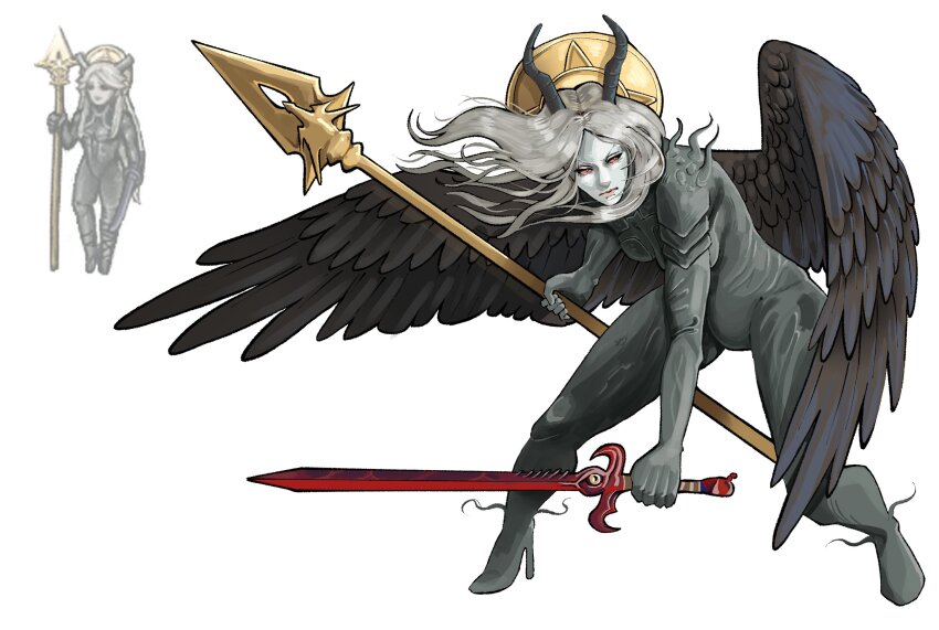 1girl, black_wings, brokenramen, colored_sclera, dual_wielding, fear_&amp;_hunger_(series), fear_&amp;_hunger_2:_termina, feathered_wings