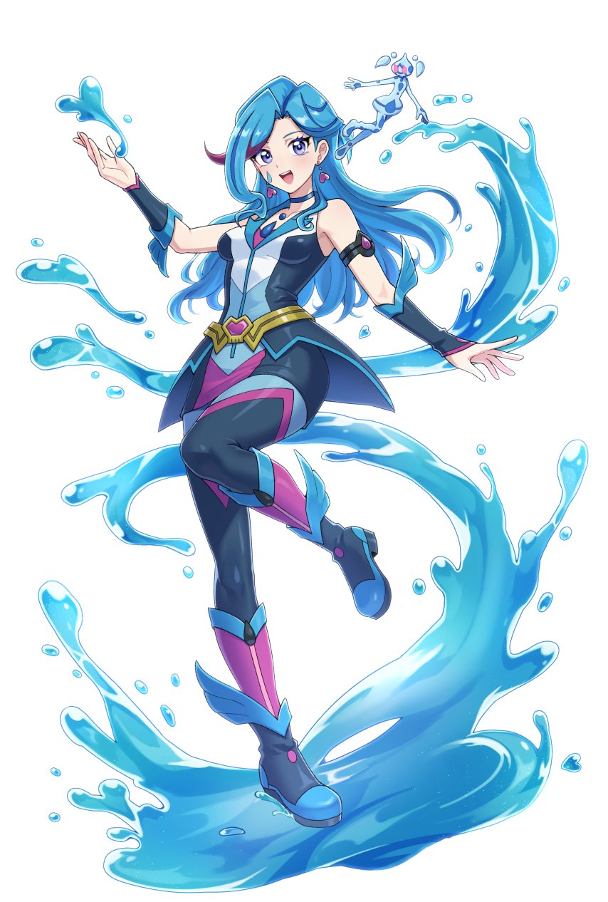 2girls, bare_shoulders, blue_eyes, blue_hair, blue_maiden, blue_vest, boots, character_request