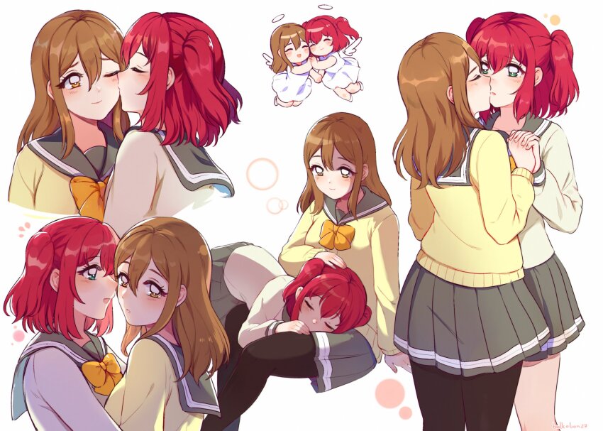 2girls, angel_wings, black_pantyhose, bow, bowtie, brown_eyes, brown_hair, bulkobon