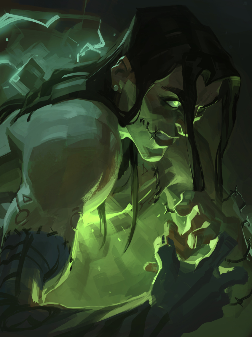 1boy, absurdres, barbed_wire, black_hair, deadlock_(game), highres, jeremy_anninos, long_hair