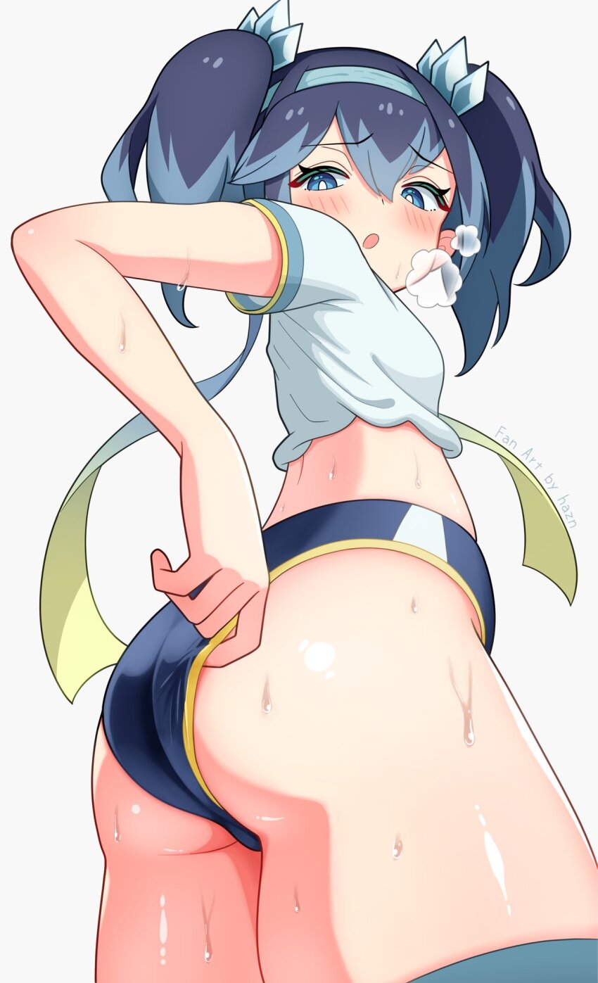 1girl, ass, blue_buruma, blue_eyes, blue_hair, blush, buruma, commentary_request, fubukihime, haz_hazn, highres, official_alternate_costume, open_mouth, shirt, short_sleeves, simple_background, solo, sweat, undoukai_fubukihime, white_background, white_shirt, youkai_(youkai_watch), youkai_watch