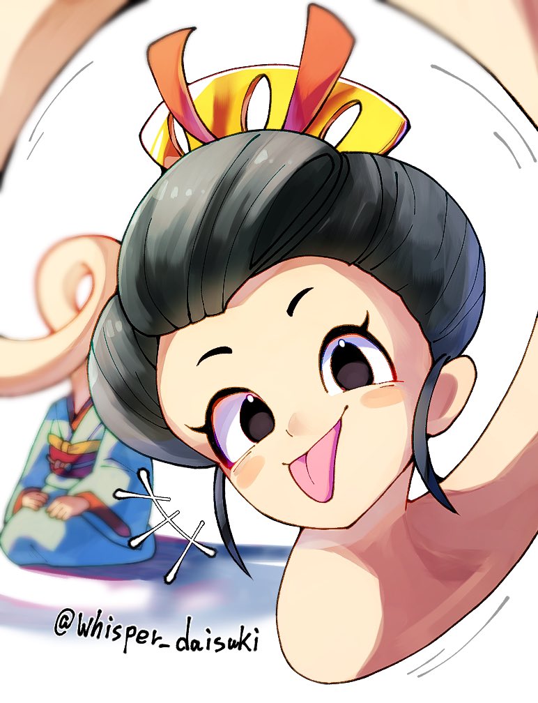 1girl, artist_name, black_hair, blue_kimono, commentary_request, japanese_clothes, kimono, kneeling