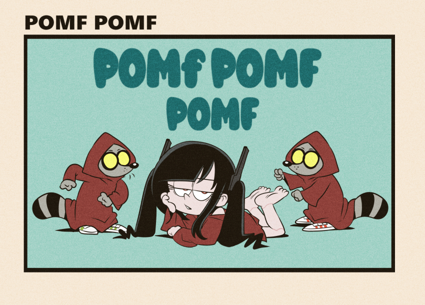 1girl, 2boys, android, barefoot, dress, expressionless, furry, garfield