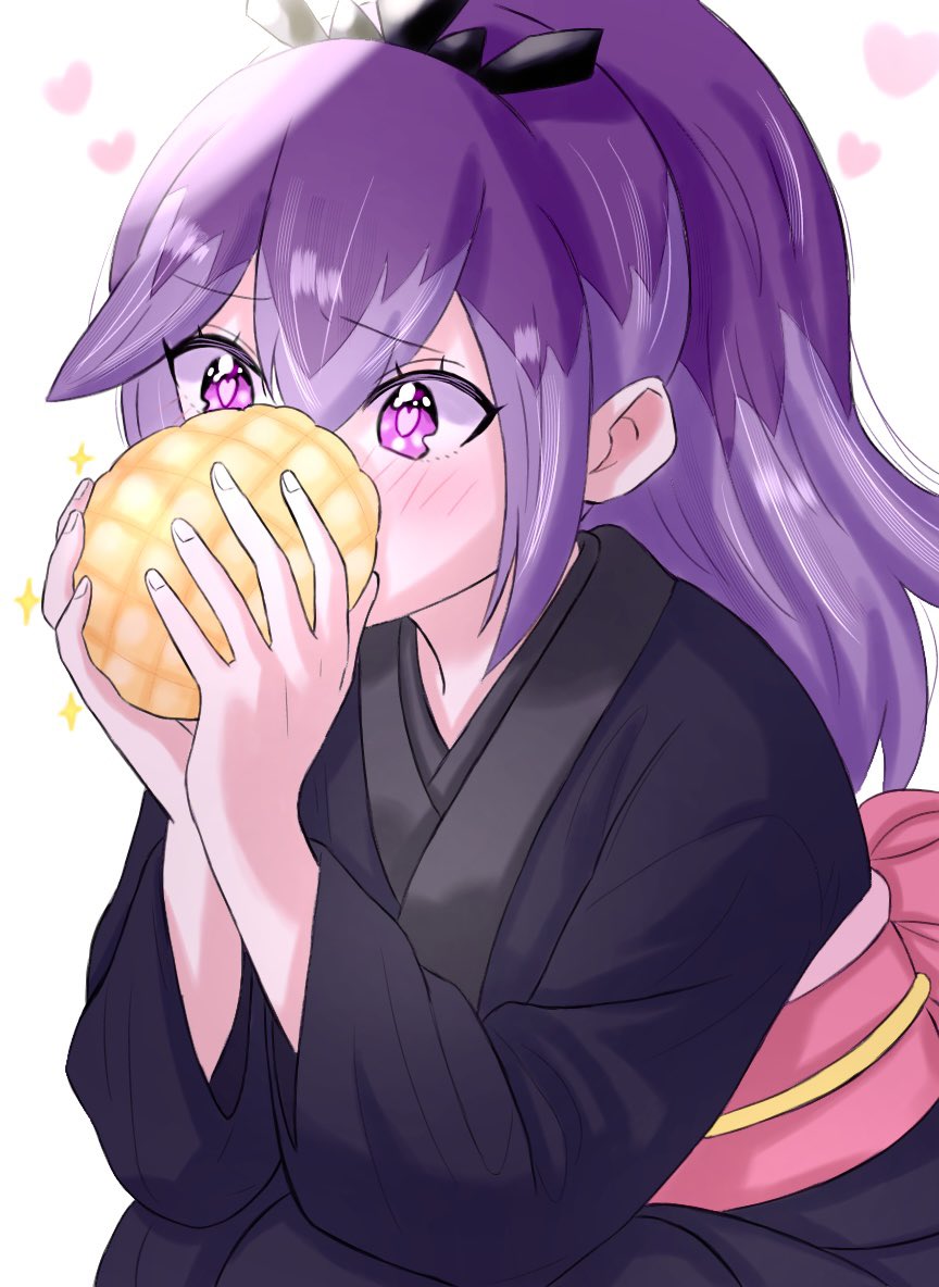 1girl, black_kimono, blush, bopon_o0o, bread, commentary_request, food, holding