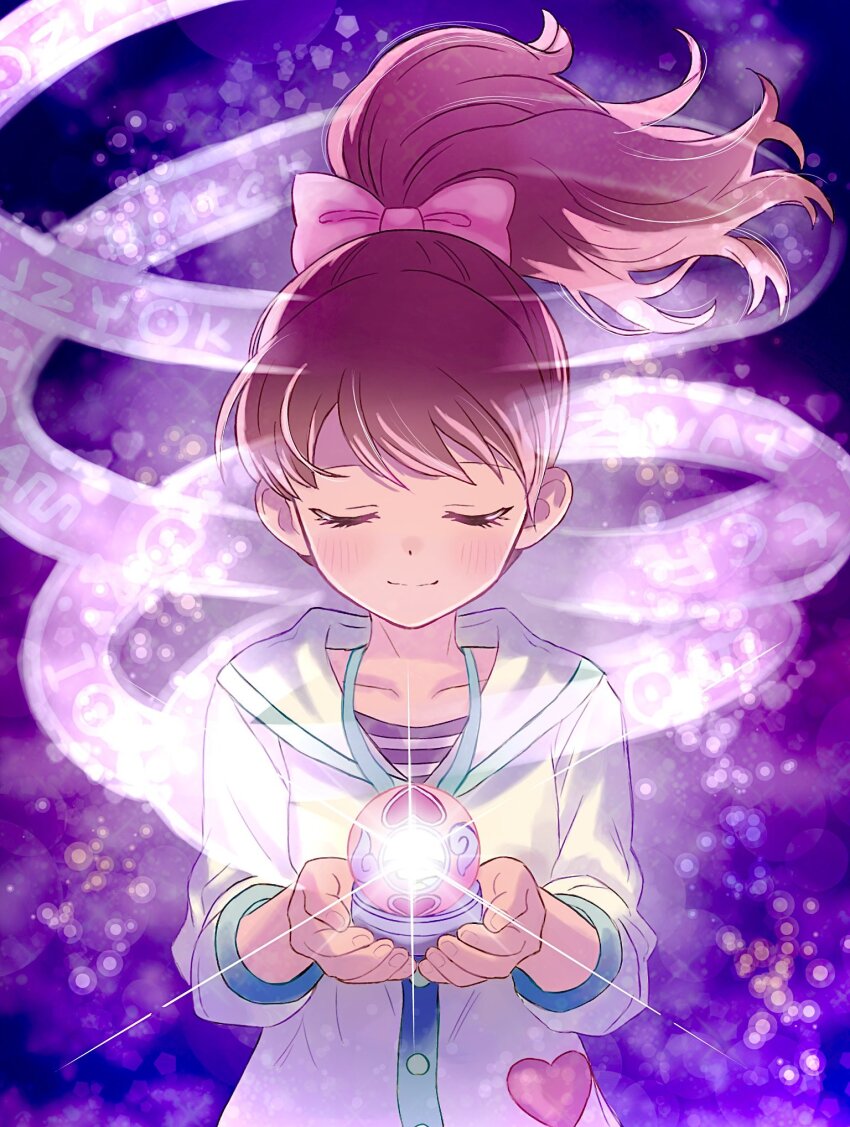 1girl, blush, bopon_o0o, bow, brown_hair, closed_eyes, commentary_request, hair_bow