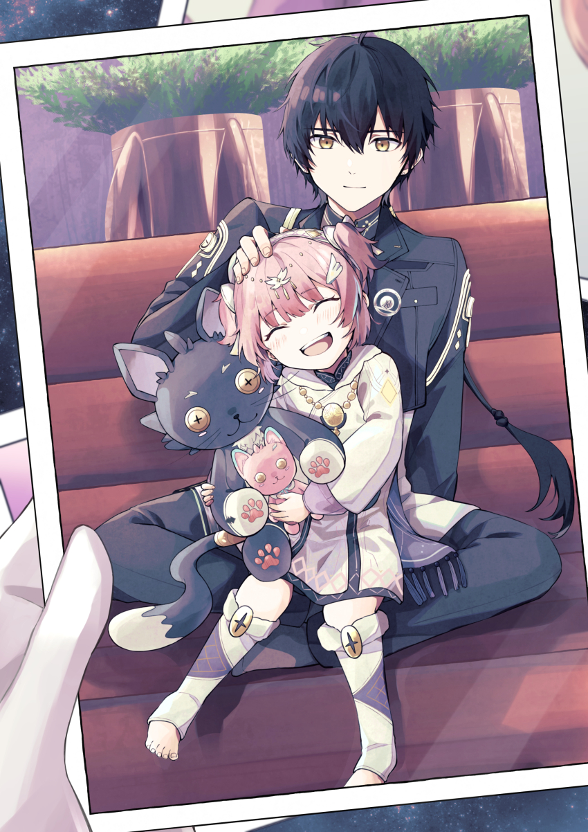 1boy, 1girl, absurdres, adoptive_parent_and_adoptive_child, aemeath_(wuthering_waves), aemeath_(young)_(wuthering_waves), black_hair, black_jacket