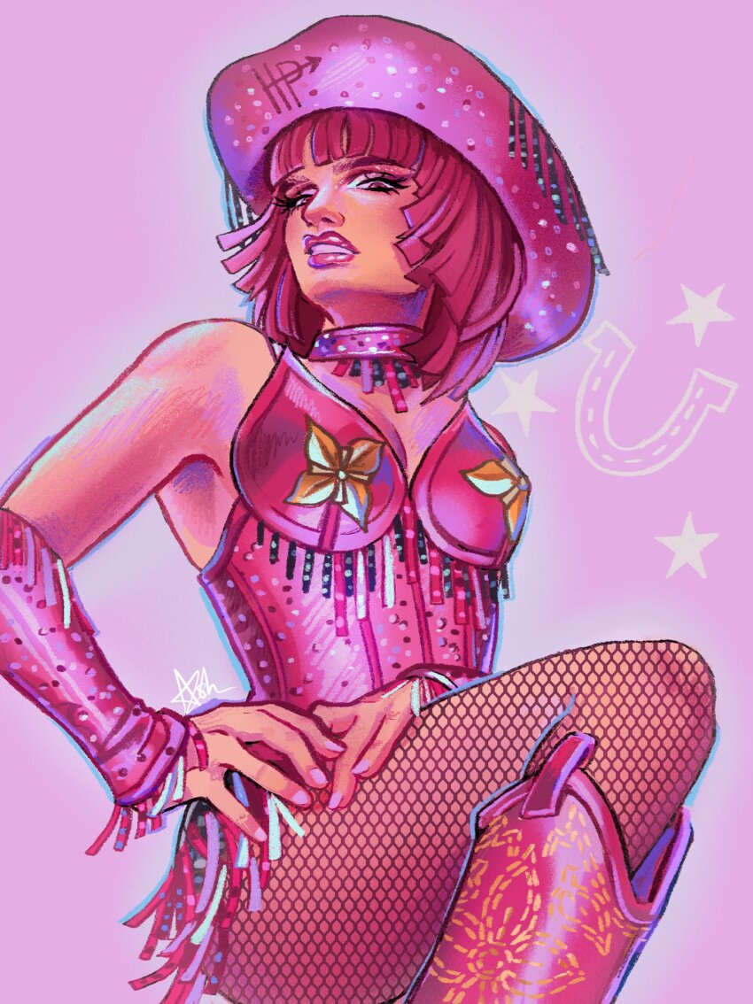 1girl, adapted_costume, alternate_costume, arm_warmers, ashylotl, blunt_bangs, boots, breasts, chappell_roan, choker, cleavage, commentary, cowboy_hat, english_commentary, fishnet_pantyhose, fishnets, floral_print, flower_ornament, hand_on_own_hip, hat, highres, horseshoe, hot_pants_(sbr), jojo_no_kimyou_na_bouken, knee_boots, leotard, looking_at_viewer, makeup, medium_breasts, medium_hair, pantyhose, parted_lips, pink_arm_warmers, pink_background, pink_boots, pink_choker, pink_eyes, pink_hair, pink_hat, pink_leotard, pink_lips, pink_nails, pink_theme, solo, star_(symbol), steel_ball_run