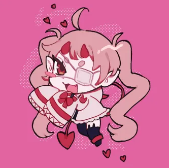 1girl, ahoge, ankle_cuffs, ch4i, collar, demon_tail, devil_girl, heart, indie_virtual_youtuber, jacket, long_sleeves, pink_background, red_ankle_cuffs, red_collar, red_cuffs, red_eyes, selunes, solo, tail, white_eyepatch, white_jacket