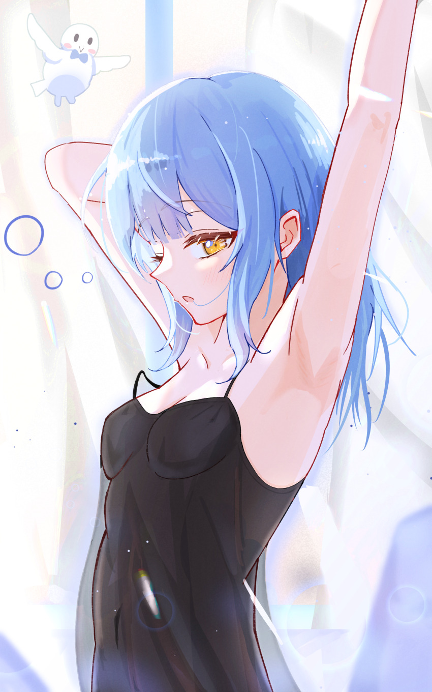 1girl, absurdres, alternate_costume, armpit_focus, armpits, arms_up, bird, black_nightgown
