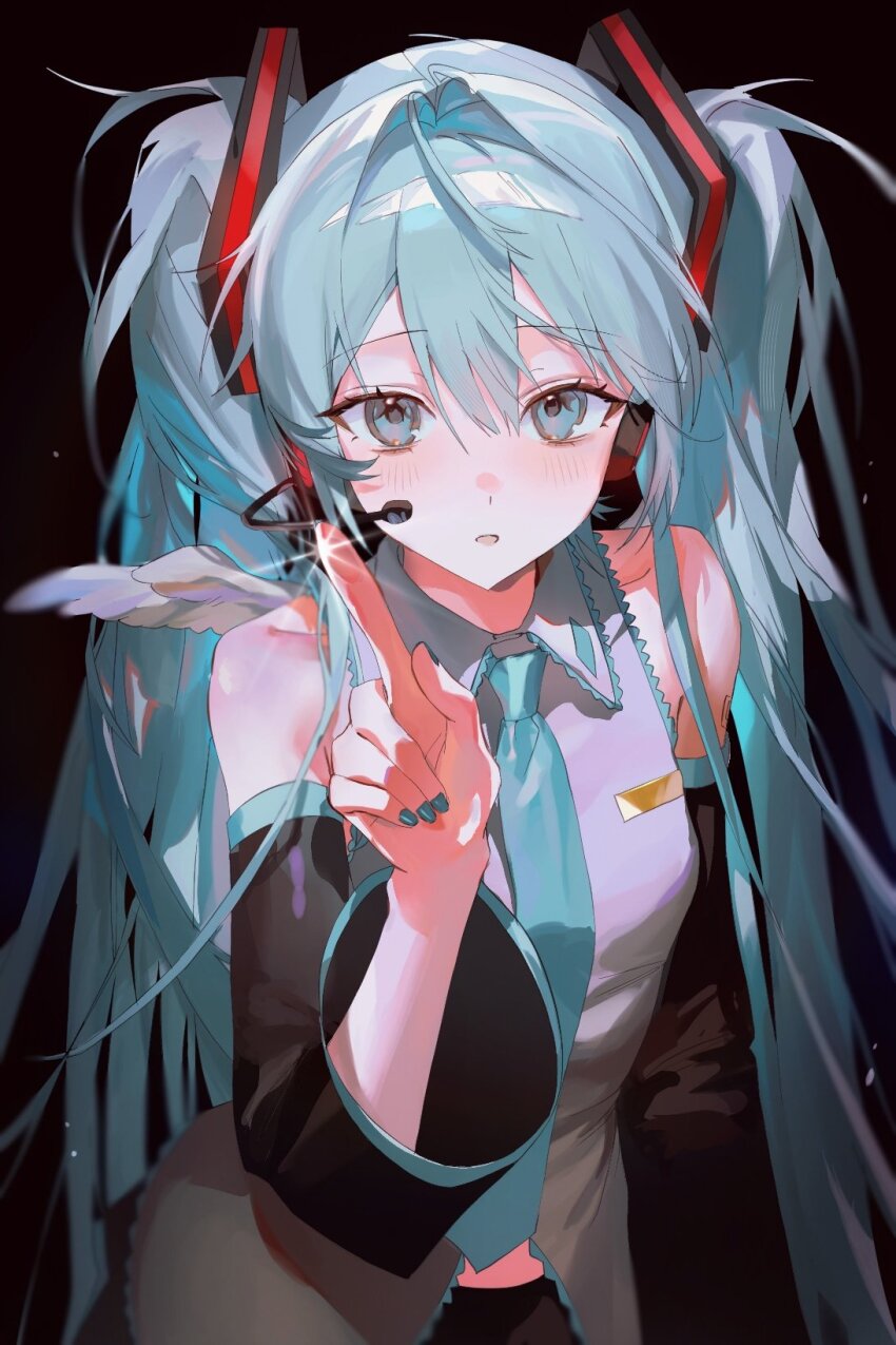 1girl, black_background, black_skirt, blue_eyes, blue_hair, blue_nails, hashtag-only_commentary, hatsune_miku