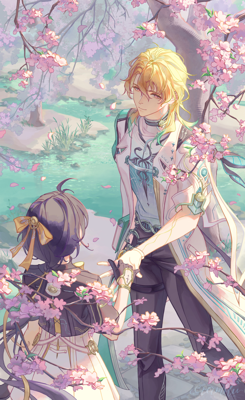 1boy, 1girl, absurdres, aqua_shirt, black_gloves, black_hair, black_jacket, black_pants