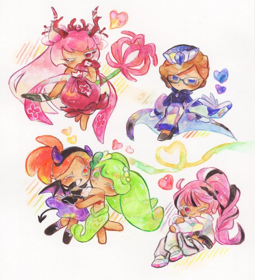 alternate_costume, blueberry_pie_cookie, blueberry_pie_cookie_(glass_atrium_respite), blush, braid, braided_ponytail, cherry_blossom_cookie, cherry_blossom_cookie_(red_equinox), cookie_run, cookie_run:_ovenbreak, crop_top, demon_horns, demon_tail, demon_wings, dress, eyelashes, hair_ornament, heart, highres, horns, jacket, lime_cookie, lime_cookie_(mermaid), long_hair, mermaid_costume, multicolored_hair, official_alternate_costume, one_eye_closed, open_clothes, open_jacket, orange_cookie, orange_cookie_(demoness), pink_hair, ponytail, shining_glitter_cookie, shining_glitter_cookie_(superstar_airport_attire), shuragi, smile, tail, wings