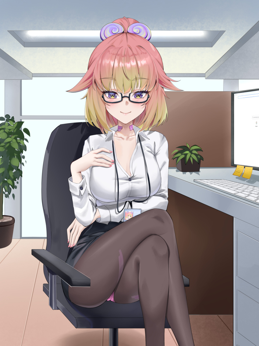 1girl, absurdres, black_skirt, breasts, closed_mouth, collarbone, collared_shirt, colored_tips