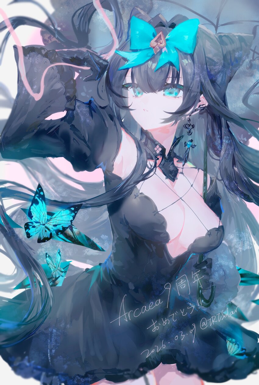absurdres, aqua_bow, aqua_eyes, arcaea, black_dress, black_gloves, black_hair, black_umbrella