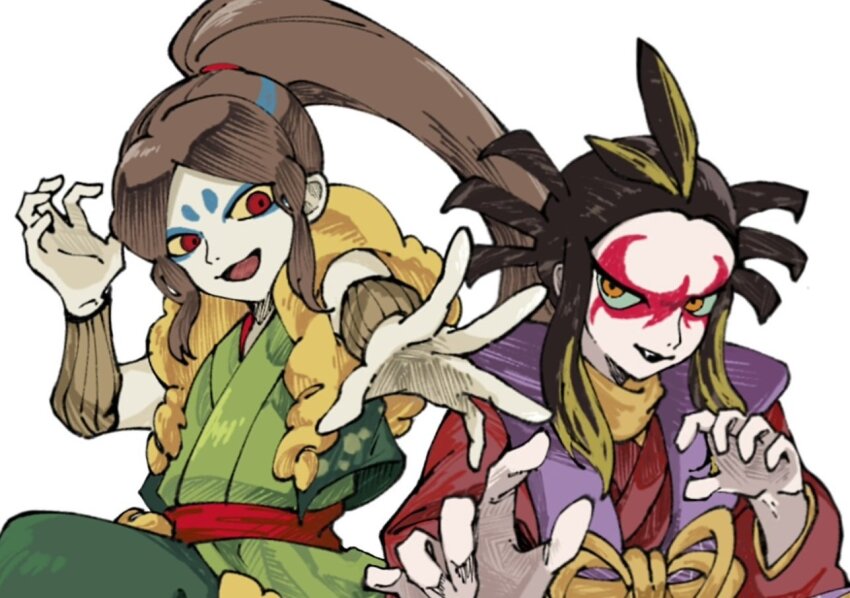 0gogyu0wi961654, 2boys, blue_eyeshadow, brown_eyes, brown_hair, colored_sclera, commentary_request, eyeshadow