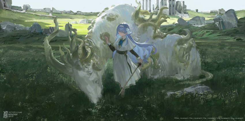 1girl, absurdres, afterforever, animal, blue_eyes, blue_hair, dress, eating