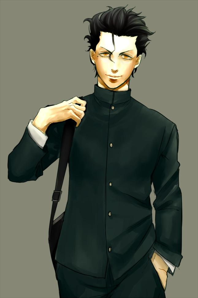 1boy, alternate_costume, bag, black_hair, bookbag, diarmuid_ua_duibhne_(fate), diarmuid_ua_duibhne_(lancer)_(fate), fate/stay_night