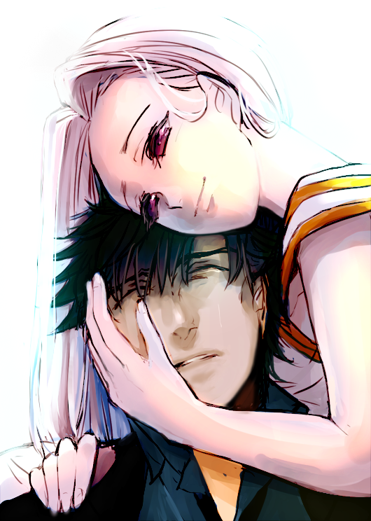 1boy, 1girl, black_hair, closed_eyes, couple, emiya_kiritsugu, fate/stay_night, fate/zero