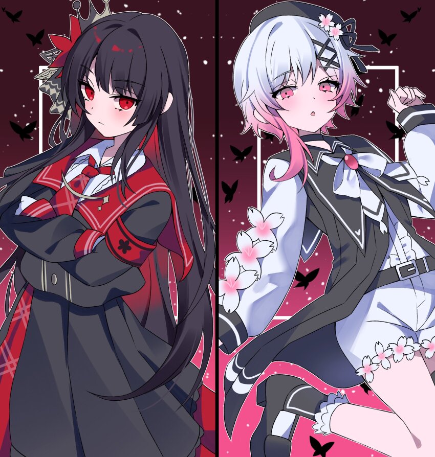 2girls, belt, beret, black_belt, black_dress, black_hair, black_hat, black_shirt, black_skirt, bug, butterfly, cherry_blossoms, closed_mouth, crossed_arms, crown, dress, flower, gradient_hair, hair_flower, hair_ornament, hashtag-only_commentary, hat, highres, insect, long_hair, long_sleeves, looking_at_viewer, mahou_shoujo_no_majo_saiban, multicolored_hair, multiple_girls, neck_ribbon, necktie, nikaido_hiro, pink_eyes, pink_hair, pinkisangel, red_background, red_eyes, red_flower, red_necktie, ribbon, sakuraba_ema, shirt, short_hair, shorts, skirt, standing, white_flower, white_hair, white_ribbon, white_shorts, x_hair_ornament