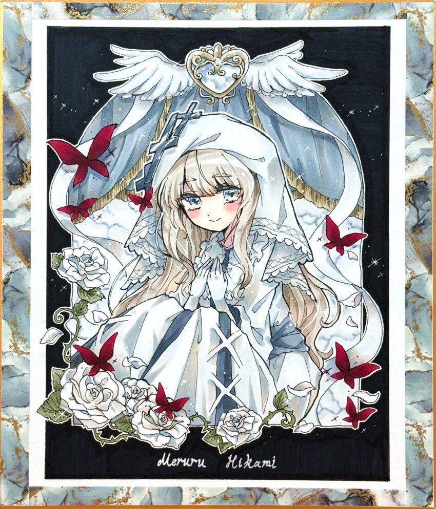 1girl, black_background, blonde_hair, bug, butterfly, character_name, commentary_request, dress