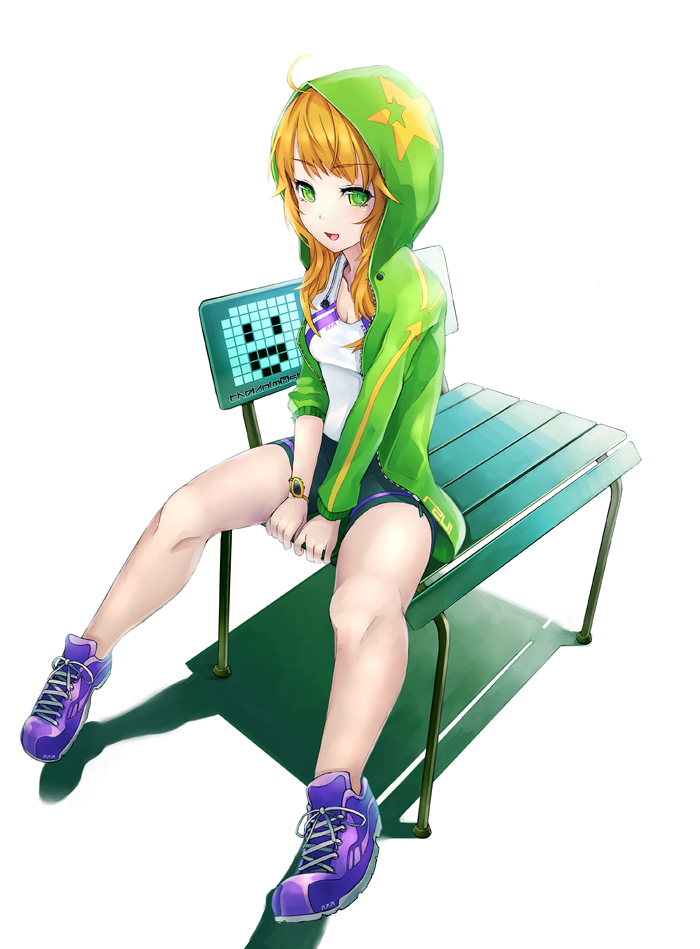 1girl, bad_id, bad_pixiv_id, bench, blonde_hair, female_focus, green_eyes, hood