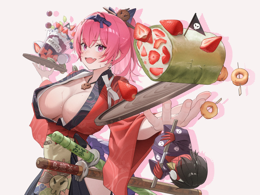absurdres, black_hakama, breasts, cleavage, commentary_request, daifuku, food, goddess_of_victory:_nikke