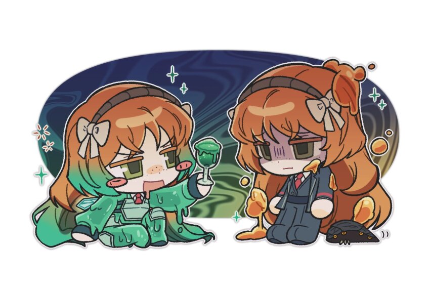 2girls, absinthe, black_jacket, blush, commentary_request, cup, dual_persona, e.g.o_(project_moon), freckles, gradient_hair, green_eyes, green_hair, holding, holding_cup, ishmael_(project_moon), jacket, korean_commentary, limbus_company, long_hair, multicolored_hair, multiple_girls, necktie, open_mouth, orange_hair, project_moon, sidelocks, sitting, slime_(substance), sloshing_(e.g.o), smile, technology_liberation_alliance_(identity)_(project_moon), the_perfect_food, uuu_(gyojamandu), very_long_hair