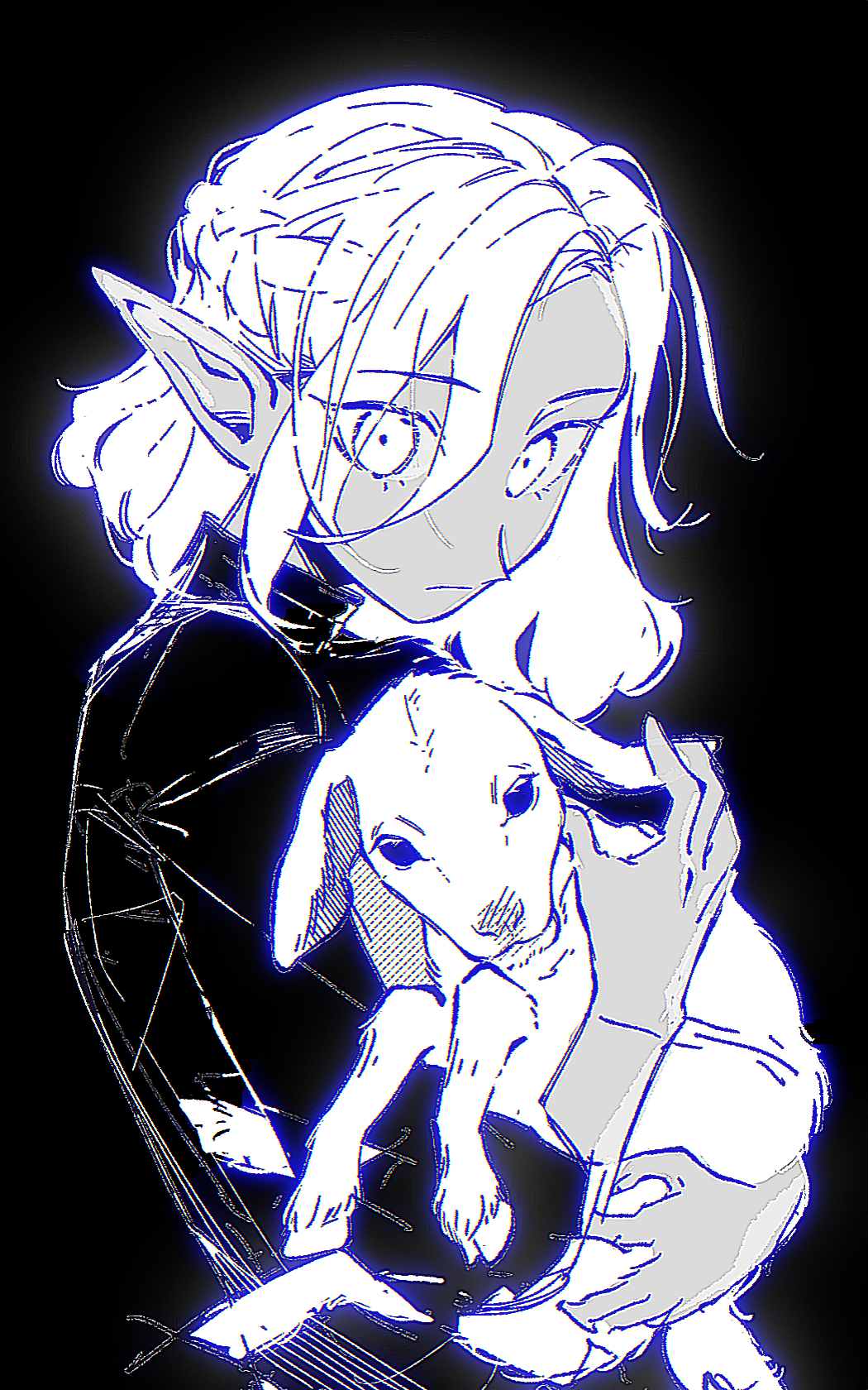 1boy, androgynous, baby_animal, black_shirt, blue_lineart, braid, chinese_commentary, closed_mouth