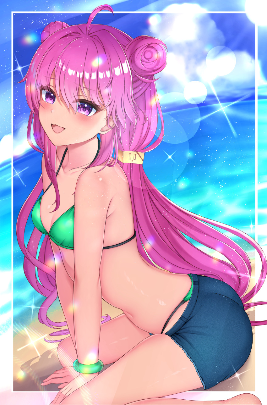 1girl, :d, absurdres, ahoge, bare_shoulders, bemani, bikini, blue_shorts