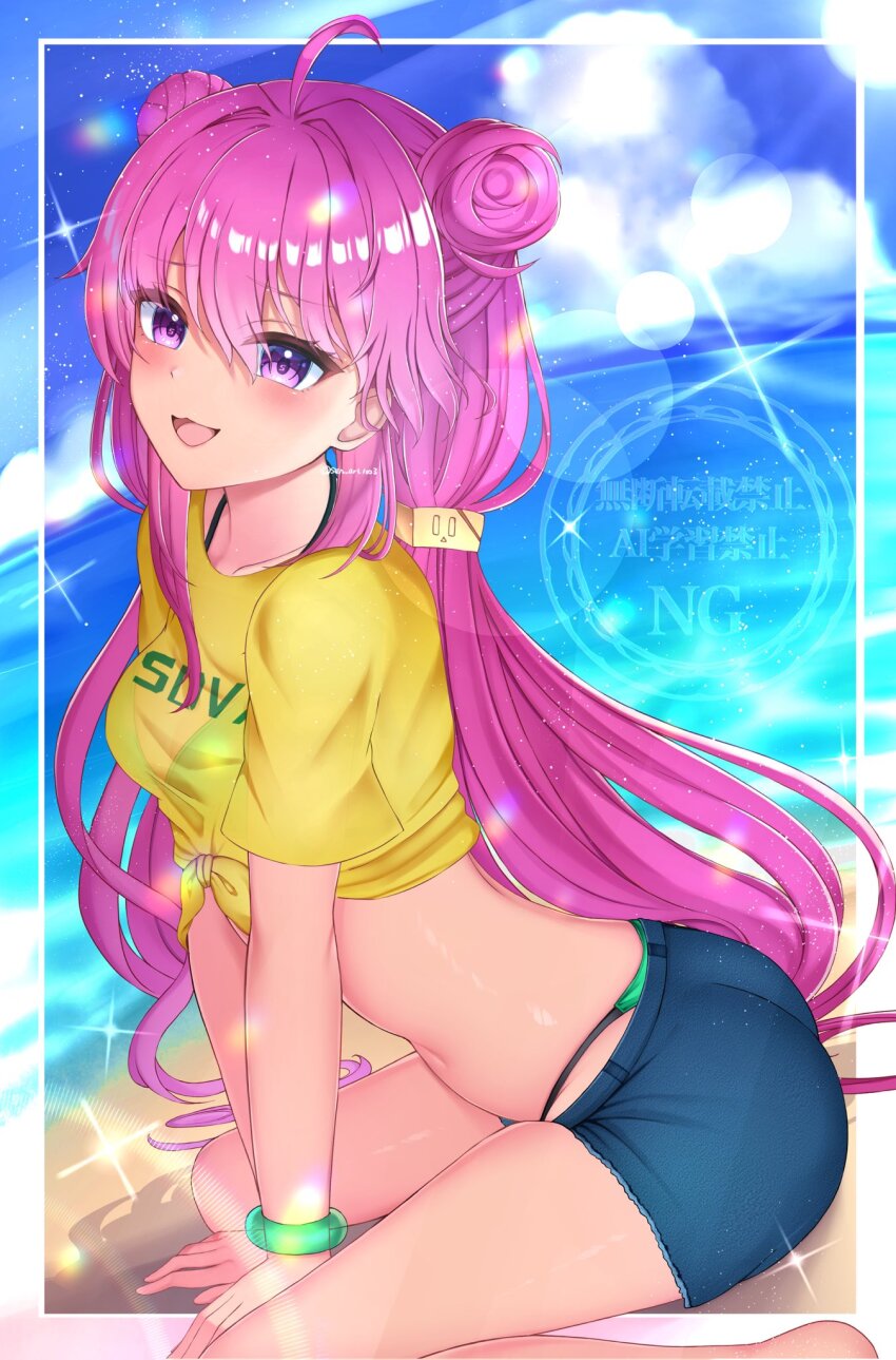 1girl, :d, ahoge, bemani, bikini, blue_shorts, blue_sky, blush