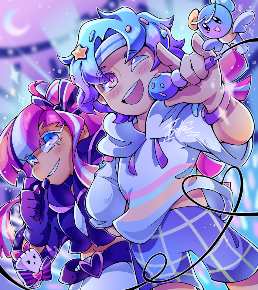 1boy, 1girl, angel_lightstick, belt, blue_hair, blush, bow, bracelet, cookie_run, cookie_run:_ovenbreak, glitter, gloves, hair_bow, hair_ornament, headset, heart, highres, holding, holding_microphone, hood, hoodie, jewelry, leppabolte, long_hair, microphone, multicolored_hair, one_eye_closed, pink_hair, popping_candy_cookie, producer_mic, shining_glitter_cookie, short_hair, smile