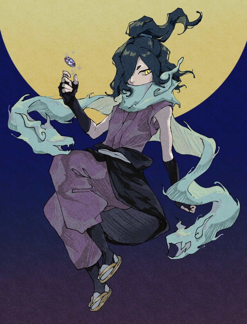 0gogyu0wi961654, 1boy, black_gloves, black_hair, commentary_request, fingerless_gloves, gloves, hair_over_one_eye