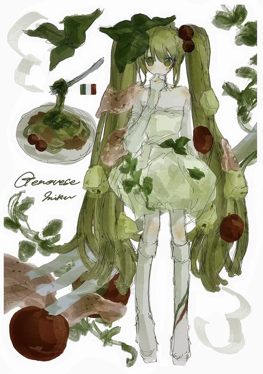 1girl, alternate_costume, boots, cherry_tomato, commentary, detached_sleeves, dress, food