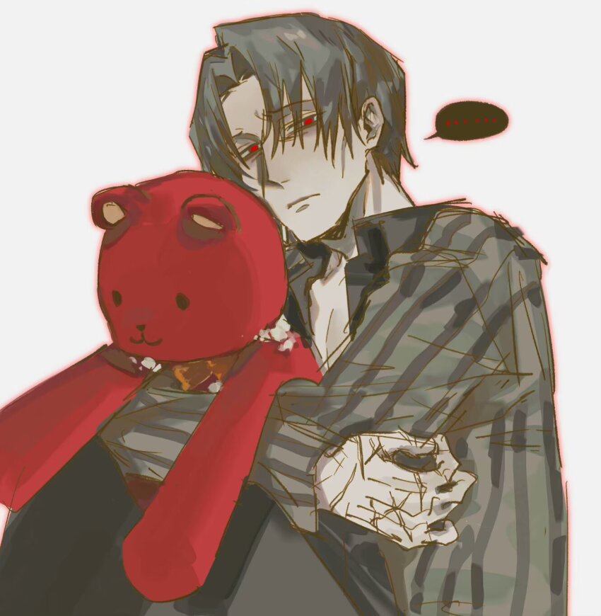 1boy, bow, bowtie, closed_mouth, commentary_request, grey_hair, grey_jacket, highres, jacket, kkomi_(project_moon), limbus_company, moufuku001, parted_bangs, project_moon, red_eyes, scar, scar_on_face, scar_on_hand, simple_background, solo, striped_clothes, striped_jacket, stuffed_animal, stuffed_toy, teddy_bear, vergilius_(project_moon), vertical-striped_clothes, vertical-striped_jacket, white_background, yellow_bow, yellow_bowtie