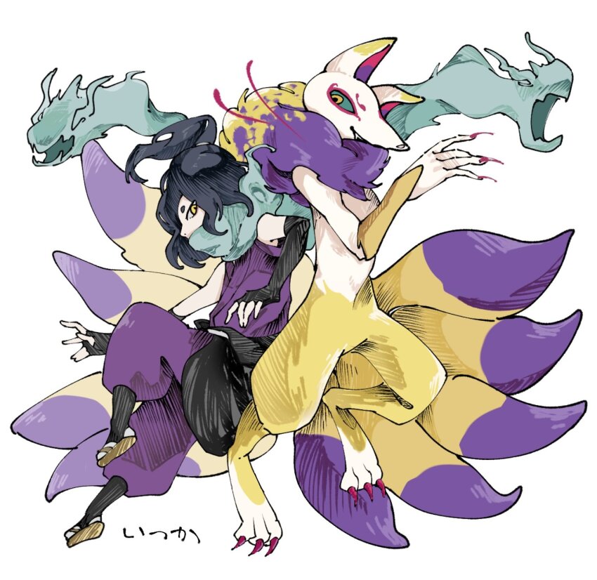 0gogyu0wi961654, 1boy, black_gloves, black_hair, commentary_request, fingerless_gloves, furry, gloves, hair_over_one_eye, highres, japanese_clothes, kitsune, kyuubi, kyuubi_(youkai_watch), multiple_tails, orochi_(youkai_watch), pants, ponytail, purple_pants, purple_shirt, sandals, shirt, simple_background, sleeveless, sleeveless_shirt, tail, translation_request, white_background, youkai_(youkai_watch), youkai_watch