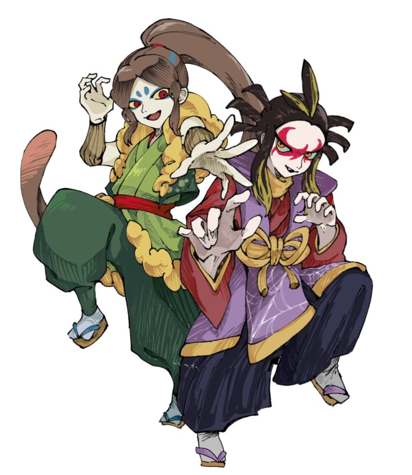 0gogyu0wi961654, 2boys, black_hakama, blue_eyeshadow, brown_eyes, brown_hair, colored_sclera, commentary_request, eyeshadow, full_body, green_pants, hakama, hakama_pants, highres, japanese_clothes, long_hair, looking_at_viewer, makeup, multiple_boys, oogama_(youkai_watch), open_mouth, pants, ponytail, red_eyes, sandals, simple_background, socks, teeth, tsuchigumo_(youkai_watch), white_background, white_socks, yellow_sclera, youkai_(youkai_watch), youkai_watch