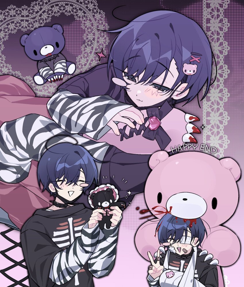 1boy, bear, black_choker, blood, blue_hair, blush_stickers, cast, charisma_house