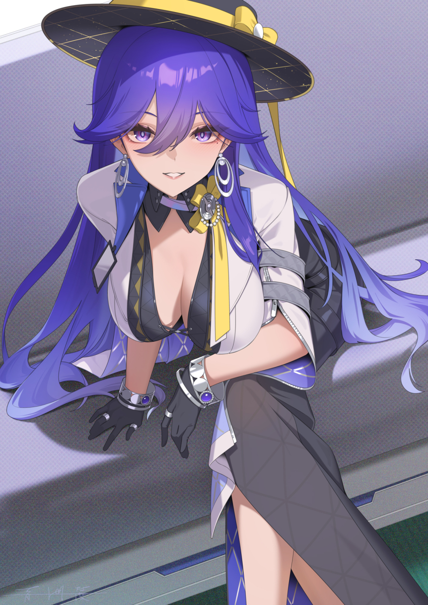 1girl, black_dress, black_gloves, black_hat, bracelet, breasts, cleavage, commentary