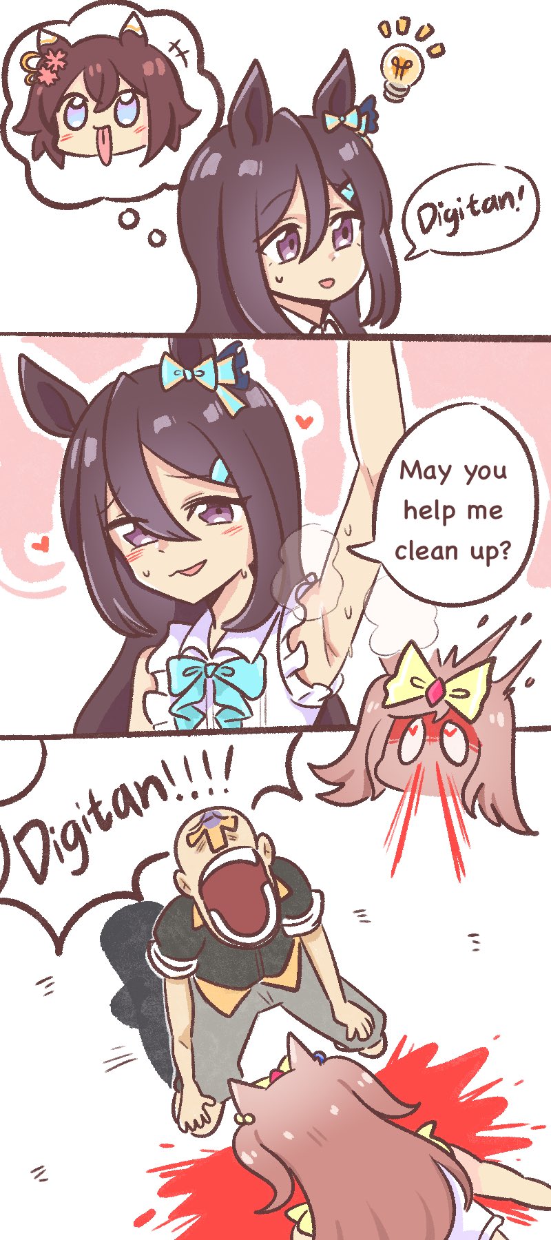 1boy, 2girls, agnes_digital_(full-color_fangirling)_(umamusume), agnes_digital_(umamusume), animal_ears, arm_up, armpits, aroused_nosebleed, bakushin_o_armpit_gif_(meme), bald, blood, blood_splatter, blush, bow, brown_hair, chibi, ear_bow, excessive_nosebleed, face_down, hair_between_eyes, hair_bow, highres, horse_ears, idea, kneeling, light_bulb, light_bulb_above_head, long_hair, lying, mejiro_dober_(off_the_line)_(umamusume), mejiro_dober_(umamusume), meme, multiple_girls, nosebleed, on_stomach, one_of_agnes_digital, one_piece, open_mouth, parody, pink_hair, presenting_armpit, purple_eyes, sakura_chiyono_o_(umamusume), scene_fashion, shirt, short_sleeves, shorts, sleeveless, sleeveless_shirt, smile, speech_bubble, sweat, t-head_trainer_(umamusume), thought_bubble, tongue, tongue_out, trainer_(umamusume), turn_pale, umamusume