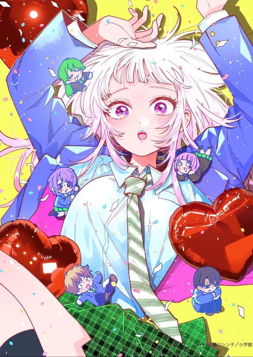 black_hair, blunt_bangs, blush, breasts, brown_eyes, brown_hair, chibi, commentary_request