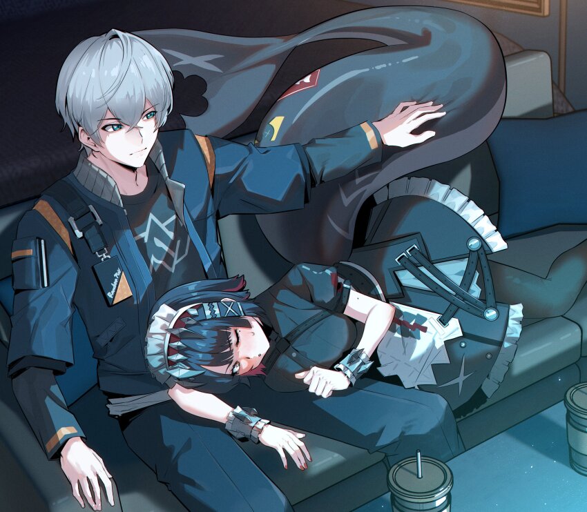 1boy, 1girl, absurdres, black_dress, black_hair, black_shirt, blue_jacket, blush