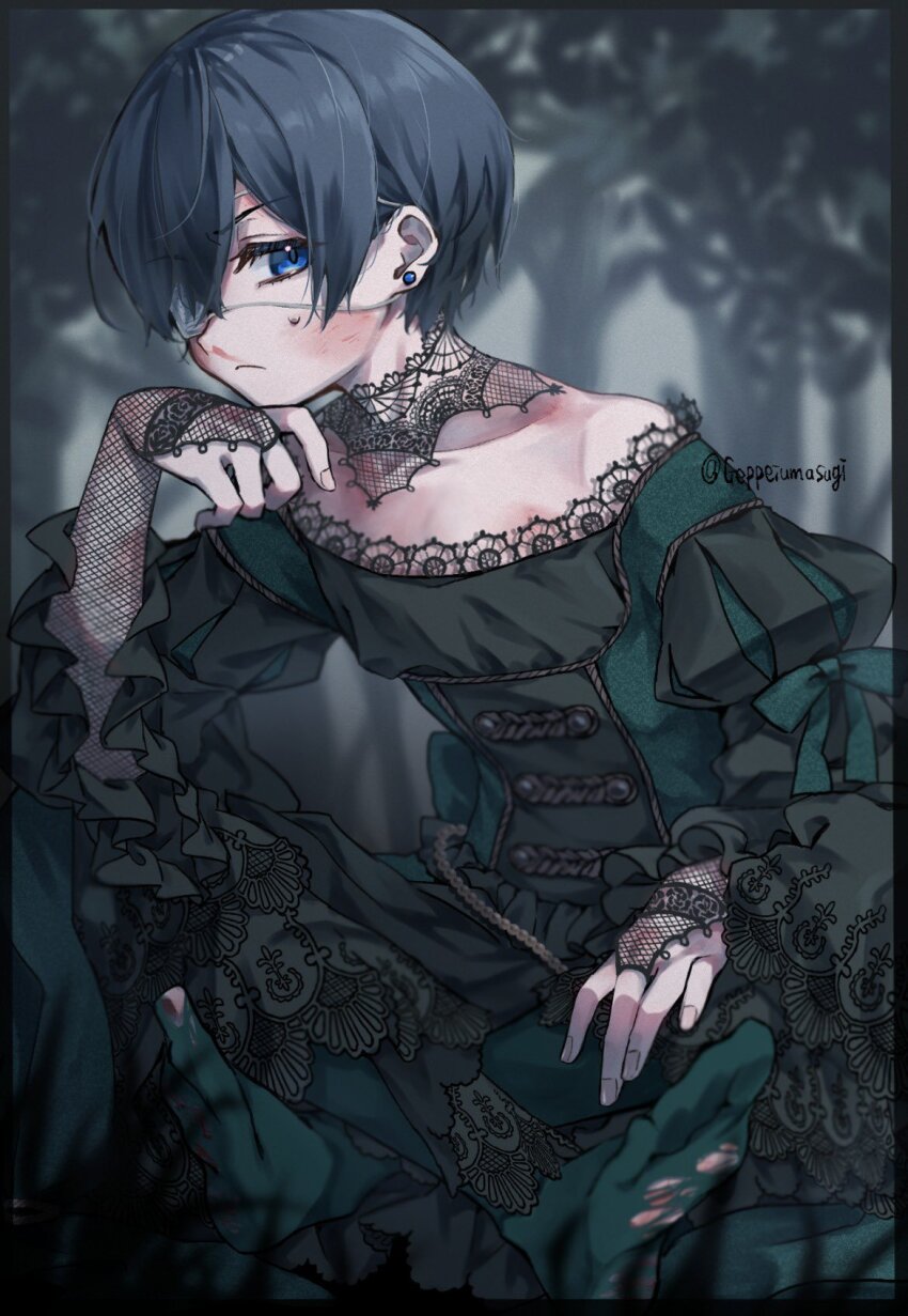 1boy, annoyed, bishounen, black_hair, blood, blue_eyes, blurry, blurry_background, blurry_foreground, border, bridal_gauntlets, choker, ciel_phantomhive, closed_mouth, collarbone, commentary_request, crossdressing, crossdressing_(mtf), crossed_ankles, dress, earrings, fingernails, fishnet_bridal_gauntlets, frilled_sleeves, frills, frown, full_body, furrowed_brow, geppeiumasugi, grass, green_dress, green_pantyhose, hair_over_one_eye, hand_on_own_chin, head_rest, hickey, highres, indian_style, jewelry, juliet_sleeves, kuroshitsuji, lace, lace-trimmed_dress, lace-trimmed_sleeves, lace_bridal_gauntlets, lace_choker, lace_trim, leaning_forward, long_sleeves, looking_at_viewer, male_focus, no_shoes, nosebleed, one_eye_closed, outdoors, palmar_flexion, pantyhose, puffy_sleeves, short_hair, sidelocks, sideways_glance, sitting, small_sweatdrop, solo, stud_earrings, torn_clothes, torn_pantyhose, transparent_border, trap, tree, twitter_username, two-tone_dress