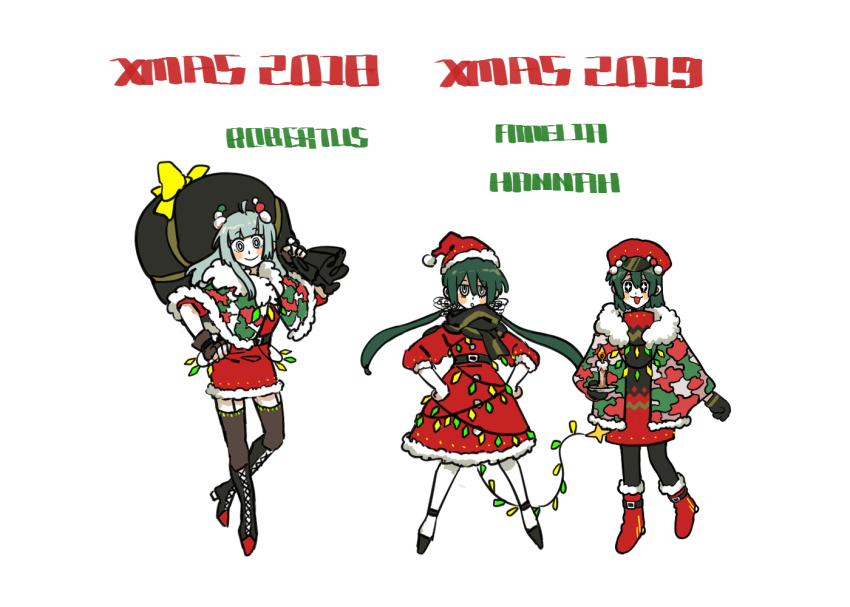 3girls, belt, black_belt, black_gloves, boots, brown_thighhighs, butterfly_hair_ornament, capelet