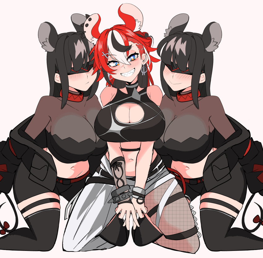 3girls, animal_ears, backup_dancer_(hakos_baelz), black_bodysuit, black_hair, black_jacket, black_shirt, black_shorts, black_streaks, black_thighhighs, blue_eyes, bodysuit, breasts, cleavage, cleavage_cutout, closed_mouth, clothing_cutout, hakos_baelz, hakos_baelz_(recolor), highres, hololive, hololive_english, jacket, large_breasts, looking_at_viewer, mouse_ears, mouse_girl, mouse_tail, multicolored_hair, multiple_girls, official_alternate_costume, shirt, shorts, smile, streaked_hair, tail, thighhighs, two_handy, virtual_youtuber, white_streaks