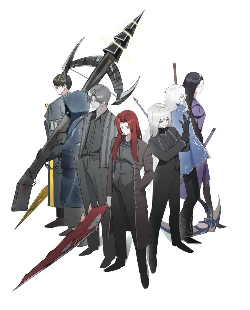 3girls, 4boys, absurdres, angelica_(project_moon), argalia_(project_moon), black_hair, black_shirt, blue_cape