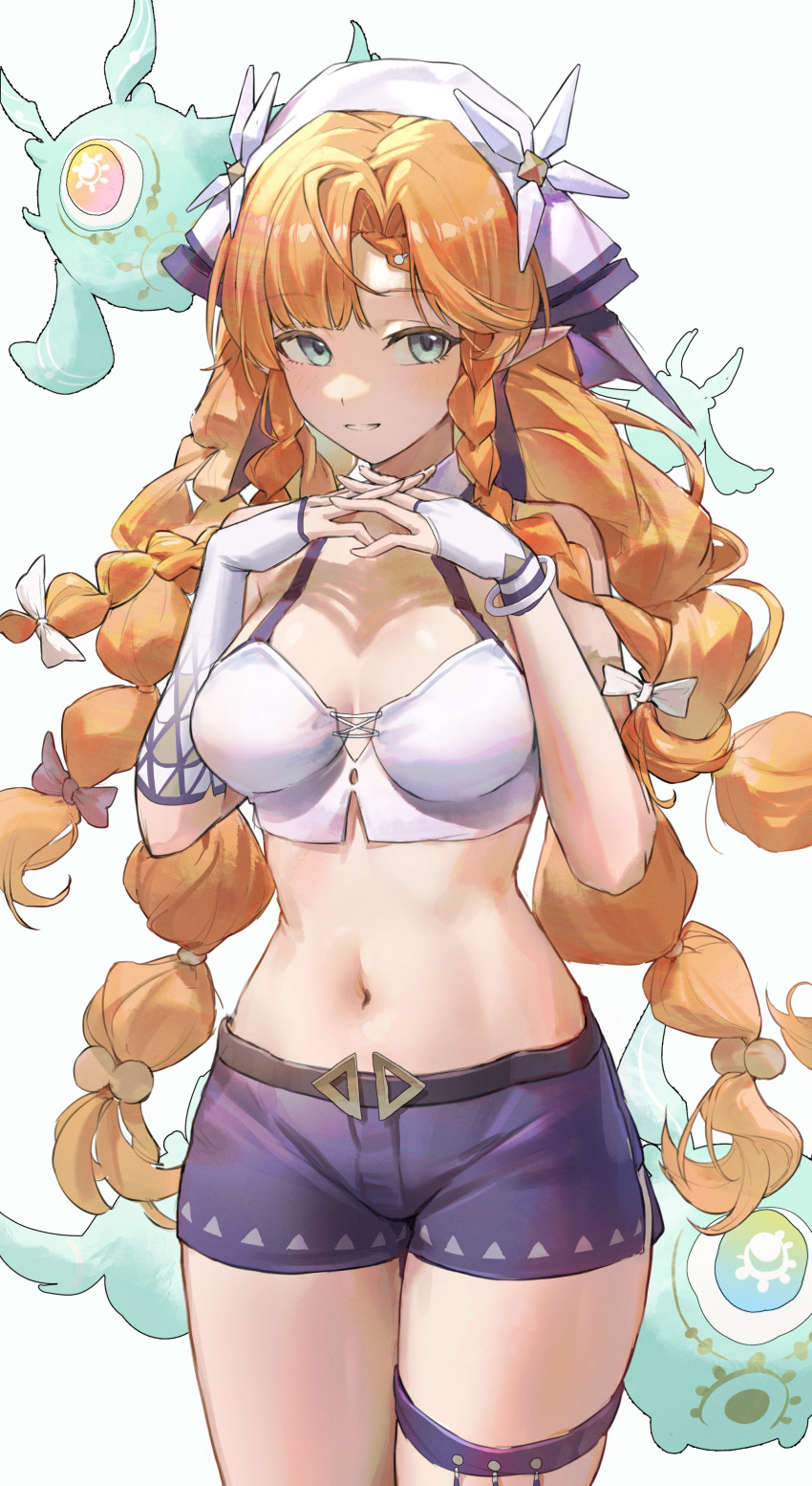 1girl, absurdres, aqua_eyes, asymmetrical_gloves, bare_shoulders, braid, braided_sidelocks, breasts, chinese_commentary, commentary_request, cowboy_shot, fingerless_gloves, gloves, highres, jimizuai-, light_blush, long_hair, looking_at_viewer, medium_breasts, navel, no_jacket, orange_hair, parted_lips, partial_commentary, pointy_ears, purple_shorts, shorts, sidelocks, sigrika_(wuthering_waves), smile, soliskin_(wuthering_waves), solo, stomach, thighs, uneven_gloves, veil, white_gloves, white_veil, wuthering_waves
